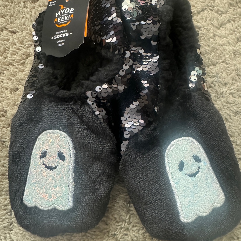 NEW Hyde & EEK Halloween black sequin ghost slippers SIZE: M/L, US 8-10
